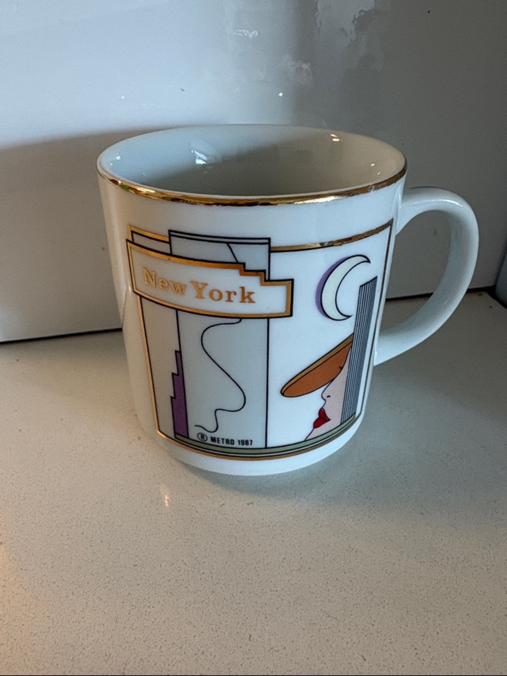 Vintage 1987 Art Deco New York Metro Decorative White Mug with Gold Trim
